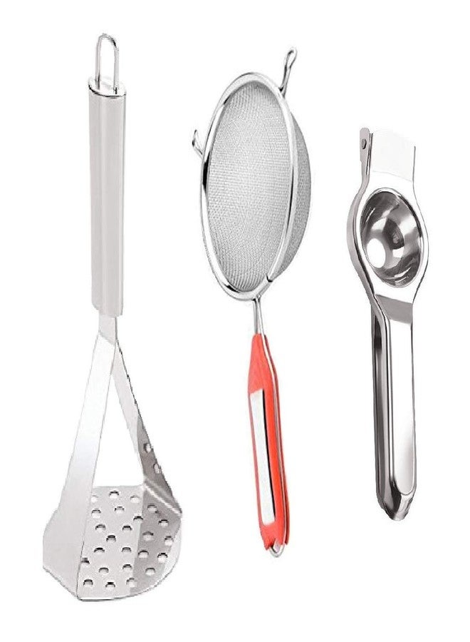 First Front Stainless Steel Kitchen Combo Set of Potato Vegetables Pav Bhaji Masher, Soup Strainer & Lemon Squeezer - Image 1